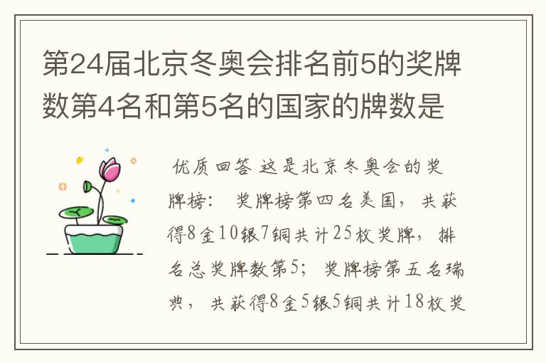 第24届北京冬奥会排名前5的奖牌数第4名和第5名的国家的牌数是多少?