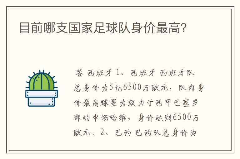 目前哪支国家足球队身价最高?
