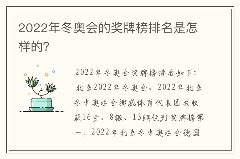 2022年冬奥会的奖牌榜排名是怎样的?