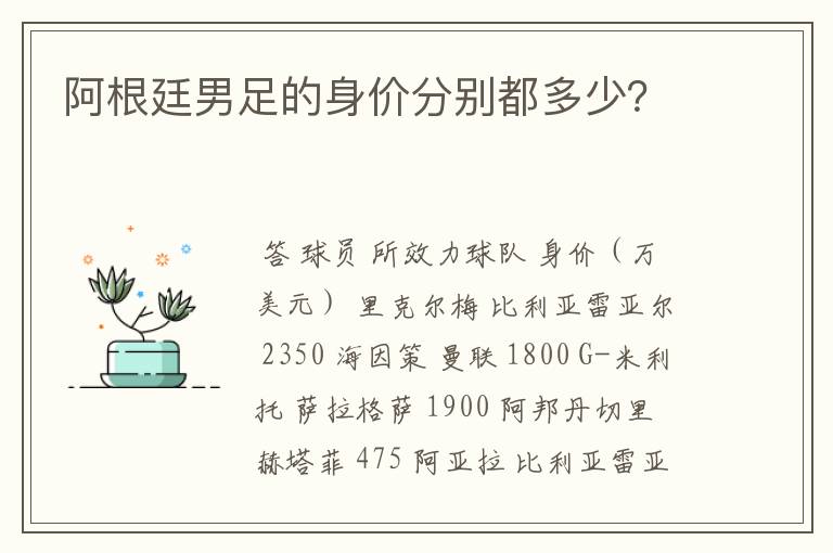 阿根廷男足的身价分别都多少?