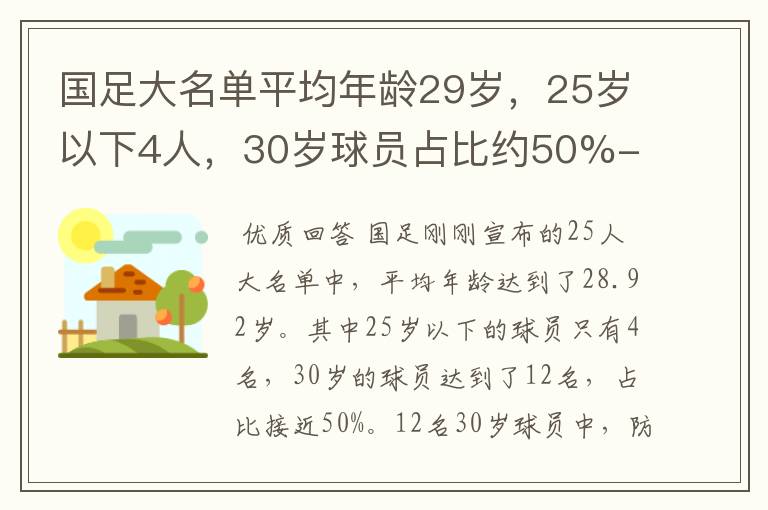 国足大名单平均年龄29岁,25岁以下4人,30岁球员占比约50%-