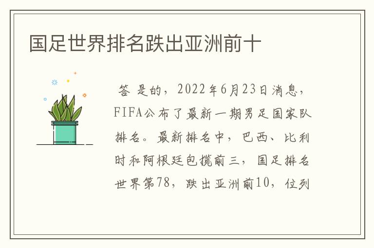 国足世界排名跌出亚洲前十