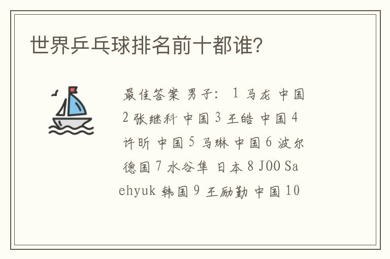 世界乒乓球排名前十都谁?