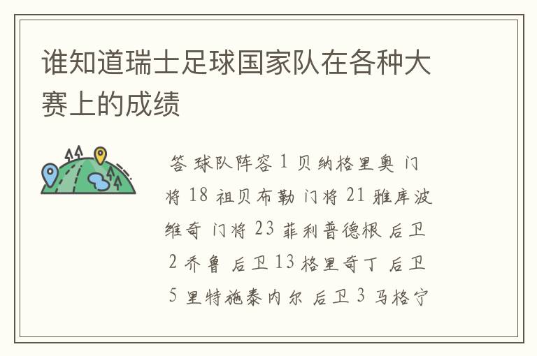 谁知道瑞士足球国家队在各种大赛上的成绩