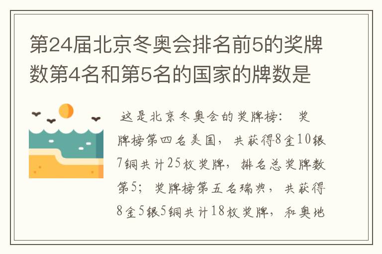 第24届北京冬奥会排名前5的奖牌数第4名和第5名的国家的牌数是多少?