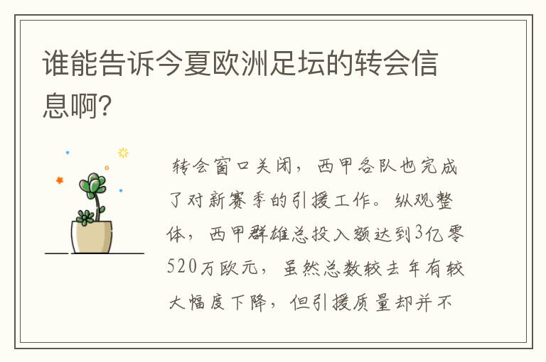 谁能告诉今夏欧洲足坛的转会信息啊?