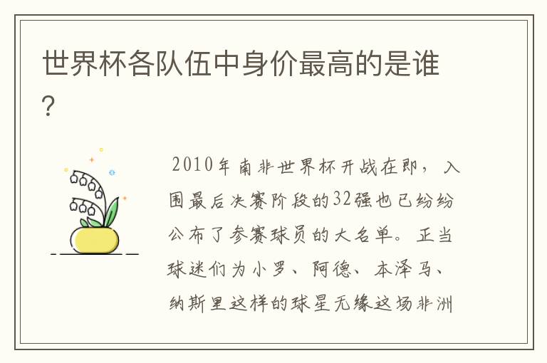 世界杯各队伍中身价最高的是谁?