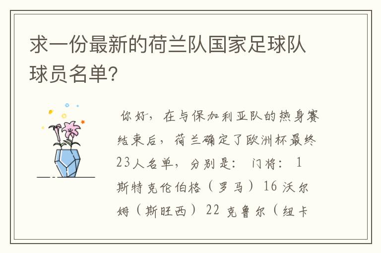求一份最新的荷兰队国家足球队球员名单?
