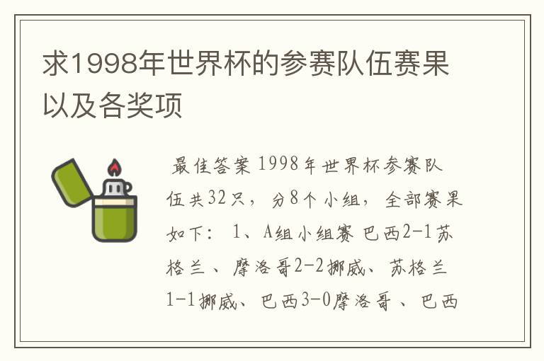 求1998年世界杯的参赛队伍赛果以及各奖项