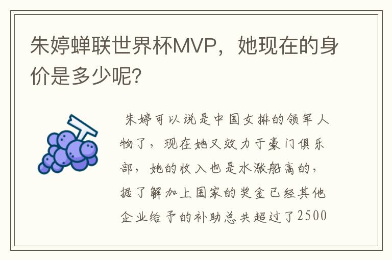 朱婷蝉联世界杯MVP,她现在的身价是多少呢?