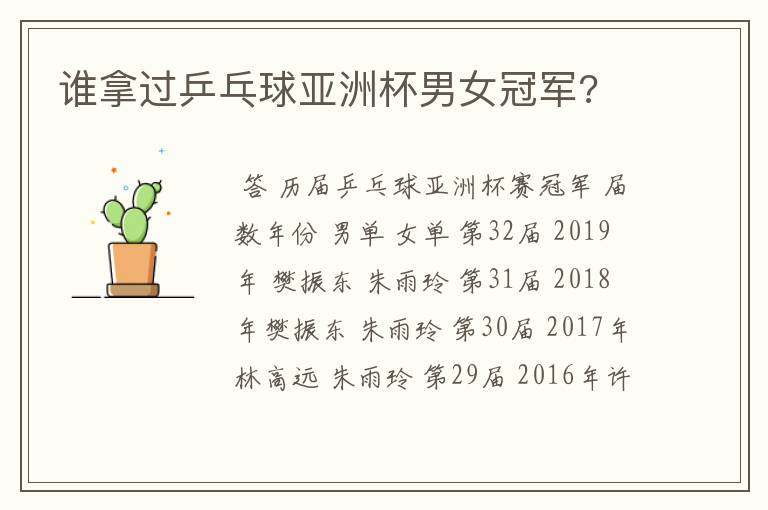 谁拿过乒乓球亚洲杯男女冠军?