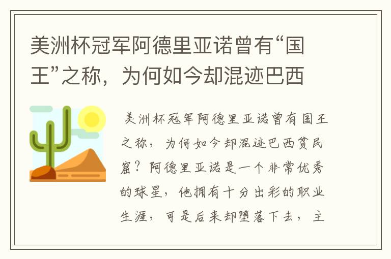美洲杯冠军阿德里亚诺曾有“国王”之称,为何如今却混迹巴西贫民窟?