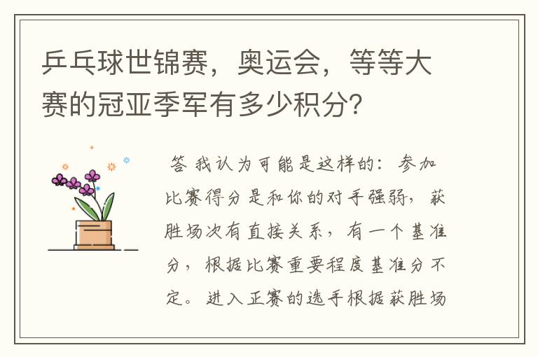 乒乓球世锦赛,奥运会,等等大赛的冠亚季军有多少积分?
