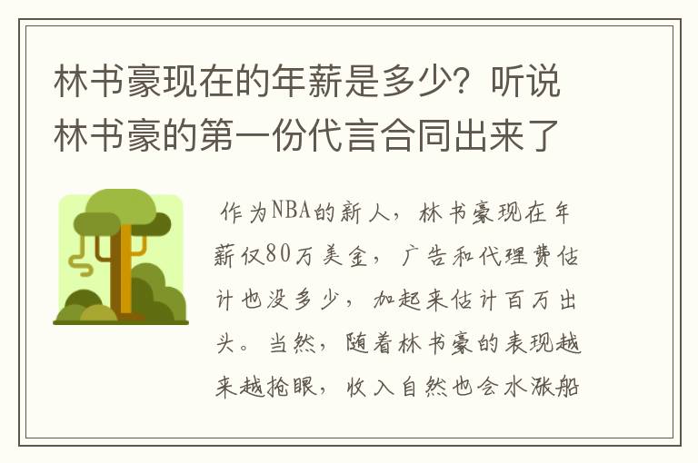 林书豪现在的年薪是多少?听说林书豪的第一份代言合同出来了有谁知道