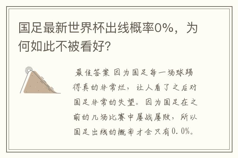 国足最新世界杯出线概率0%,为何如此不被看好?