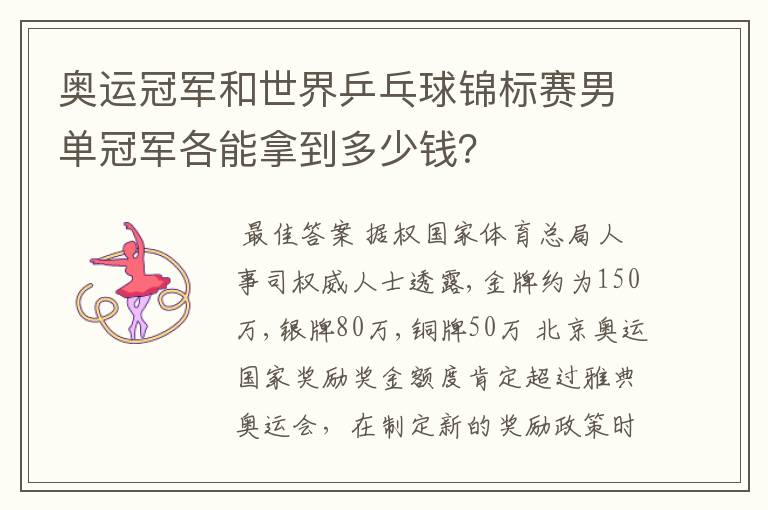 奥运冠军和世界乒乓球锦标赛男单冠军各能拿到多少钱?
