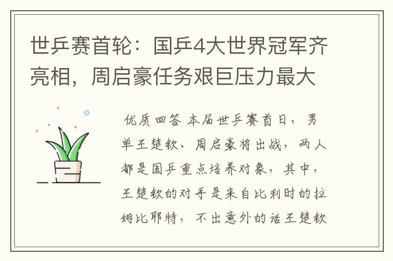 世乒赛首轮:国乒4大世界冠军齐亮相,周启豪任务艰巨压力最大