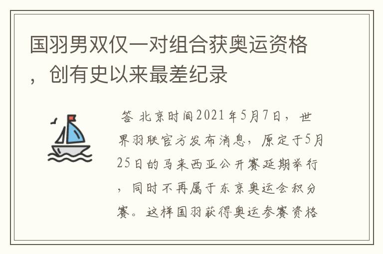 国羽男双仅一对组合获奥运资格,创有史以来最差纪录