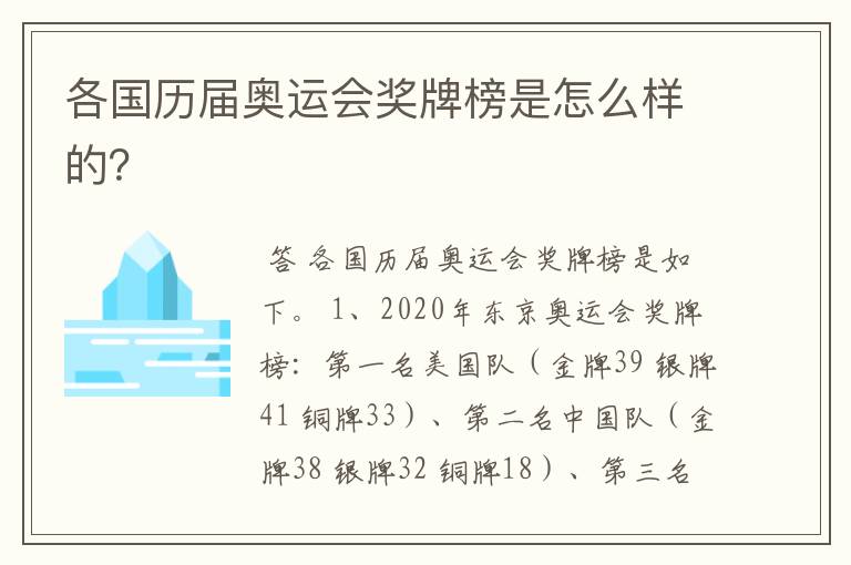 各国历届奥运会奖牌榜是怎么样的?