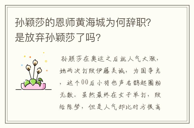 孙颖莎的恩师黄海城为何辞职?是放弃孙颖莎了吗?