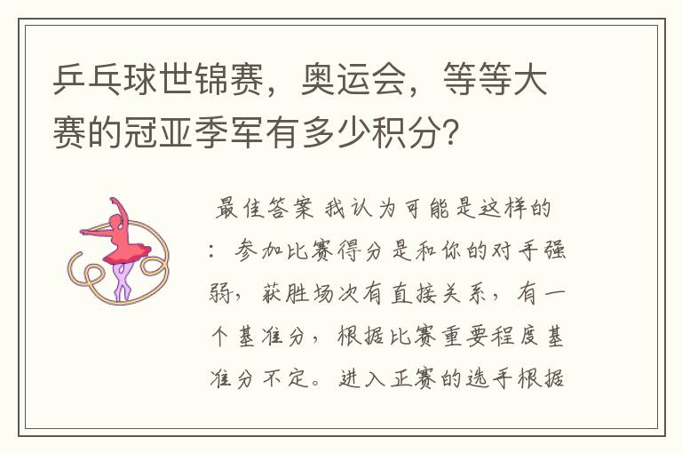 乒乓球世锦赛,奥运会,等等大赛的冠亚季军有多少积分?