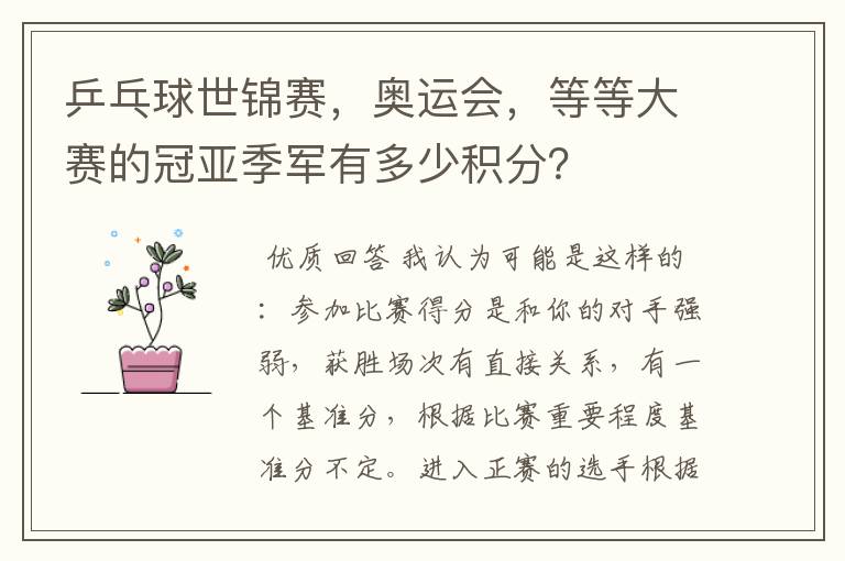 乒乓球世锦赛,奥运会,等等大赛的冠亚季军有多少积分?