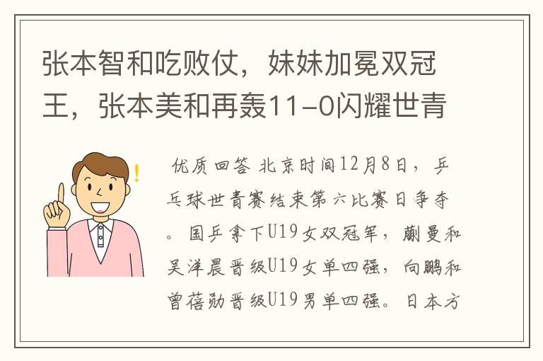 张本智和吃败仗,妹妹加冕双冠王,张本美和再轰11-0闪耀世青赛