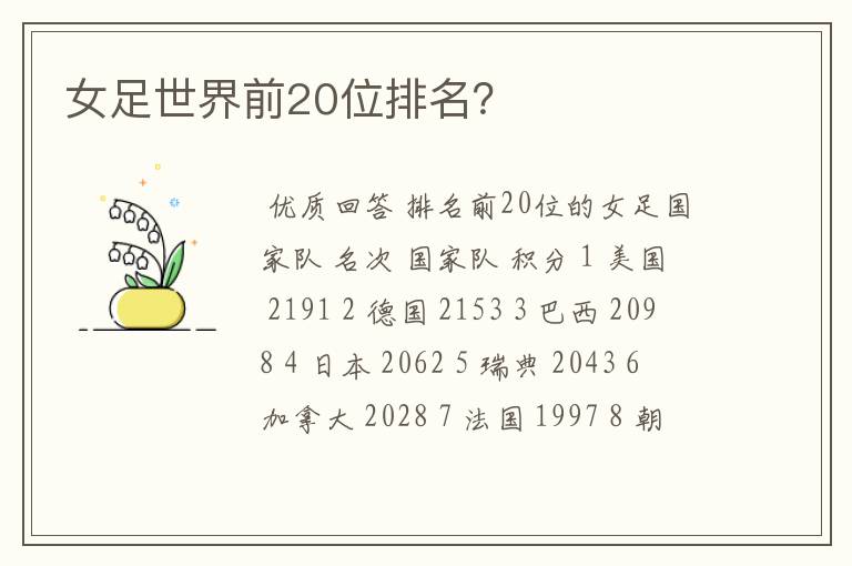女足世界前20位排名?