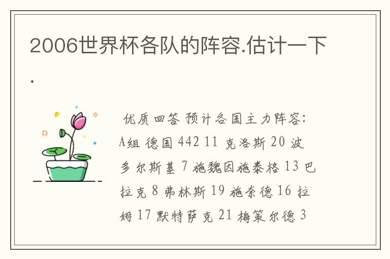 2006世界杯各队的阵容.估计一下.