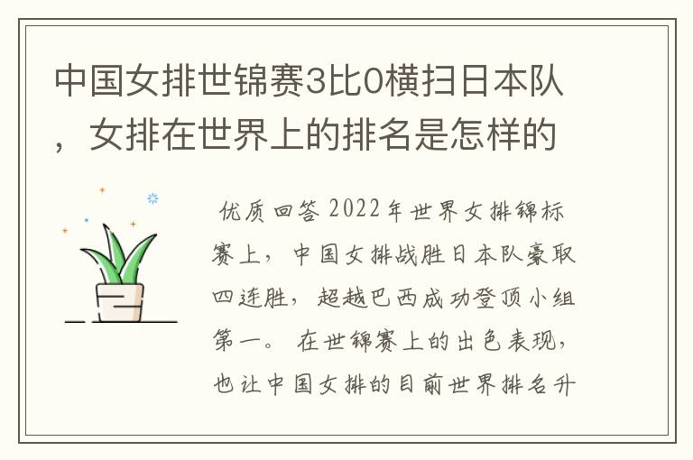 中国女排世锦赛3比0横扫日本队,女排在世界上的排名是怎样的?