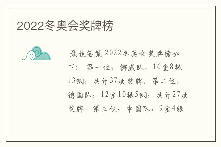 2022冬奥会奖牌榜