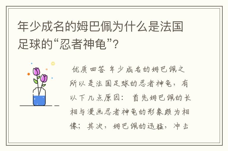 年少成名的姆巴佩为什么是法国足球的“忍者神龟”?
