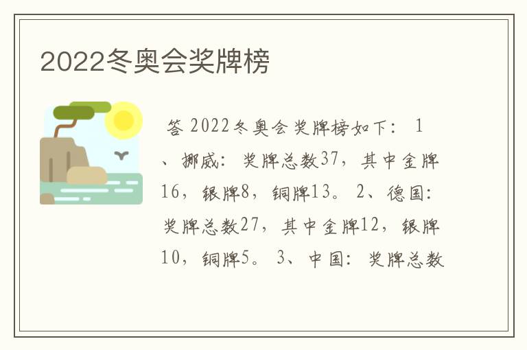 2022冬奥会奖牌榜