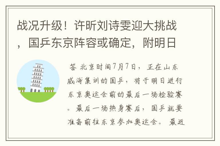 战况升级!许昕刘诗雯迎大挑战,国乒东京阵容或确定,附明日赛程