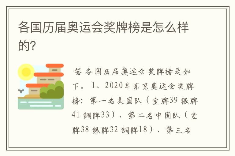 各国历届奥运会奖牌榜是怎么样的?