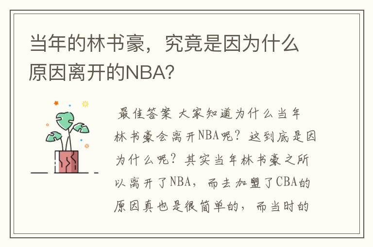 当年的林书豪,究竟是因为什么原因离开的NBA?