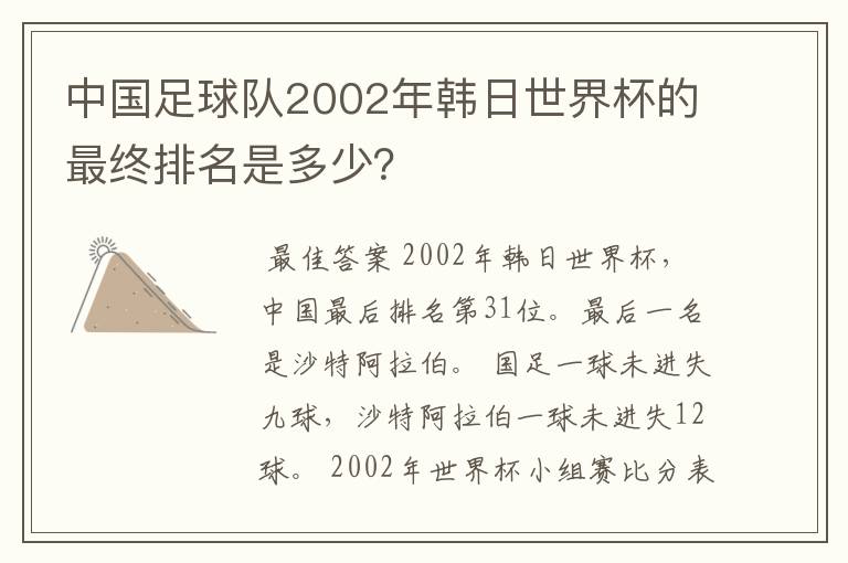 中国足球队2002年韩日世界杯的最终排名是多少?