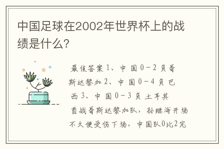 中国足球在2002年世界杯上的战绩是什么?