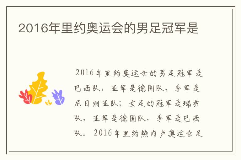 2016年里约奥运会的男足冠军是