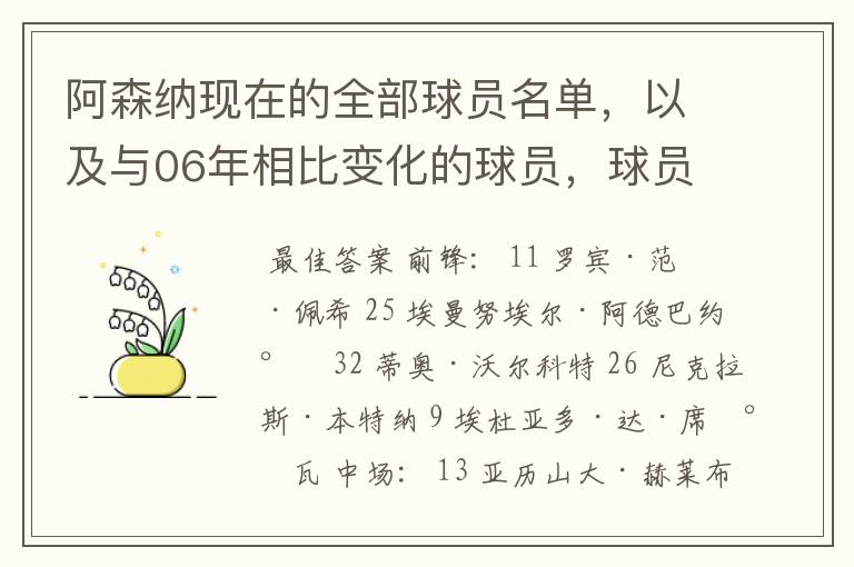 阿森纳现在的全部球员名单,以及与06年相比变化的球员,球员的俱乐部