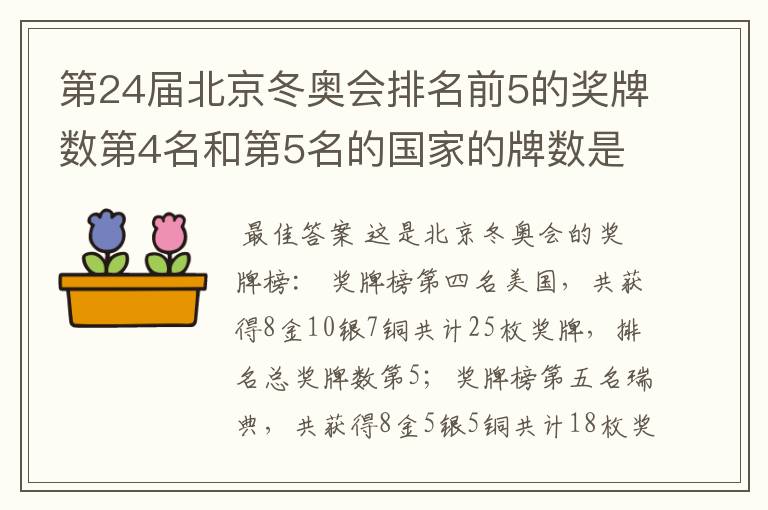 第24届北京冬奥会排名前5的奖牌数第4名和第5名的国家的牌数是多少?