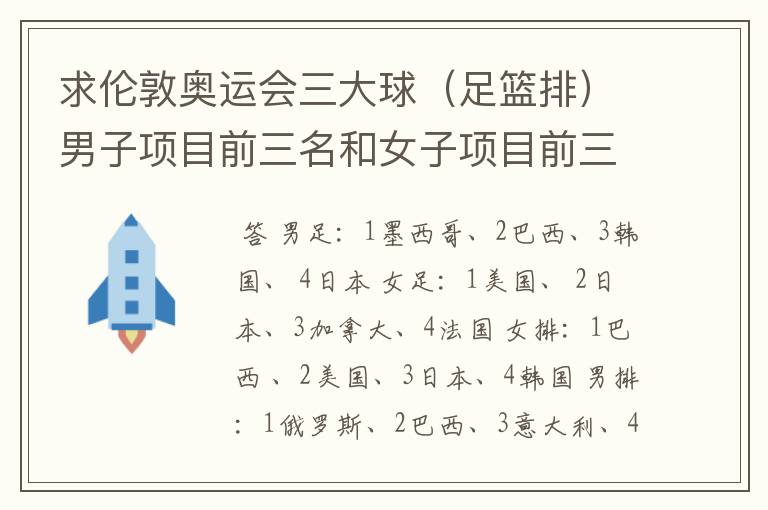 求伦敦奥运会三大球(足篮排)男子项目前三名和女子项目前三名。