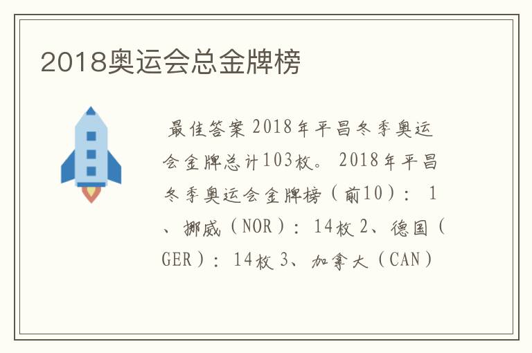 2018奥运会总金牌榜