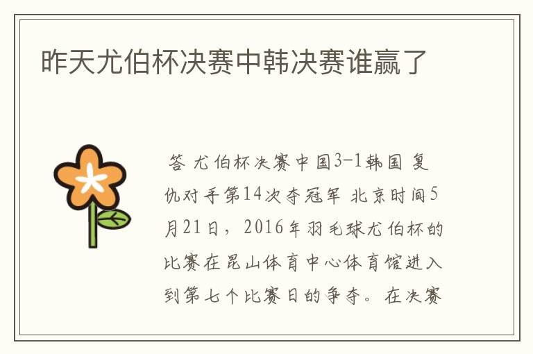 昨天尤伯杯决赛中韩决赛谁赢了