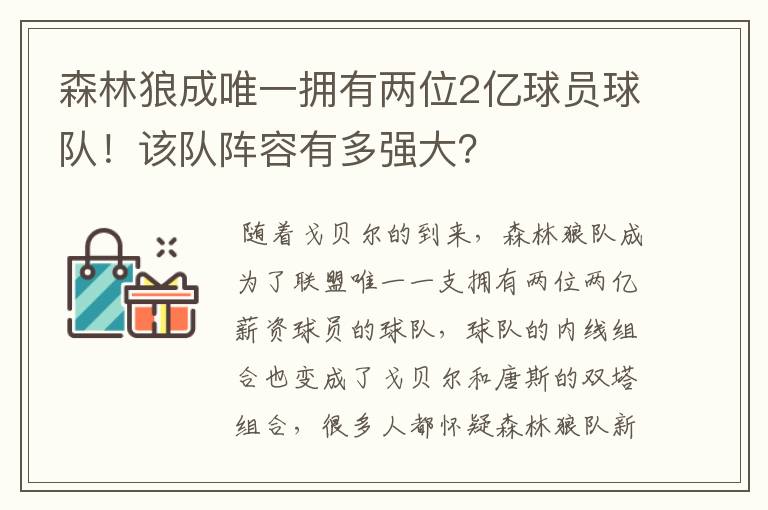 森林狼成唯一拥有两位2亿球员球队!该队阵容有多强大?