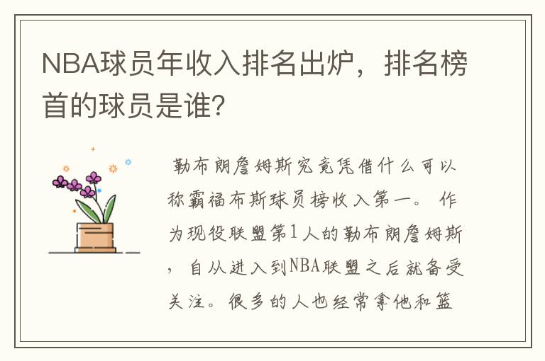 NBA球员年收入排名出炉,排名榜首的球员是谁?