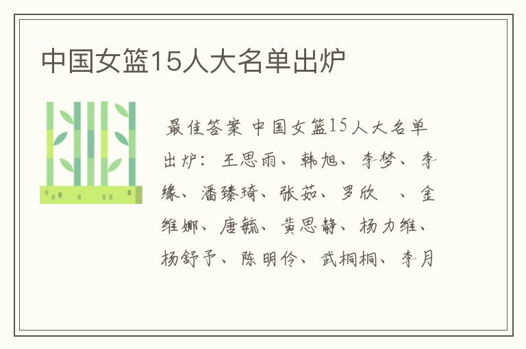 中国女篮15人大名单出炉