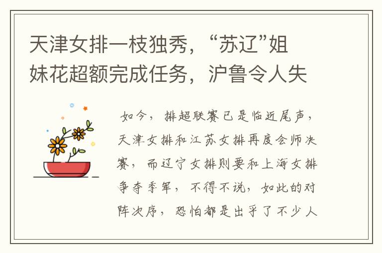 天津女排一枝独秀,“苏辽”姐妹花超额完成任务,沪鲁令人失望