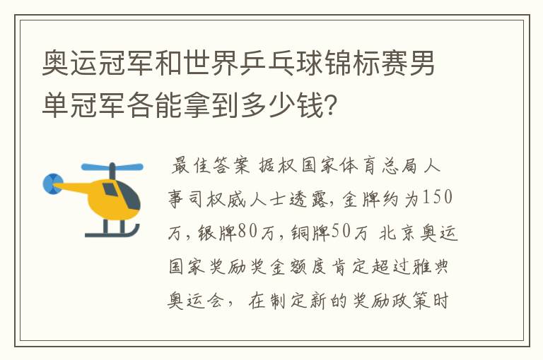 奥运冠军和世界乒乓球锦标赛男单冠军各能拿到多少钱?