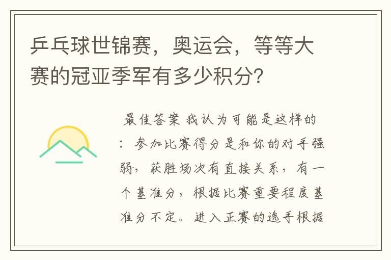 乒乓球世锦赛，奥运会，等等大赛的冠亚季军有多少积分？